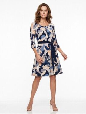 NWT Abstract Paint Stroke Dress Navy Blue Tan 3/4 Sleeve XL